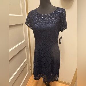 Navy Lace Dress  SLNY lace with sequins flairy dress NWT from Macys
